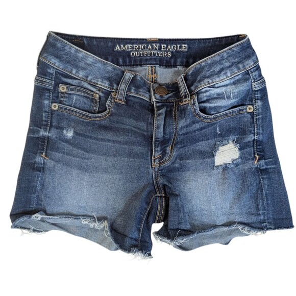 American Eagle Distressed Denim Stretch Jean Shorts Medium Wash - Picture 3 of 4